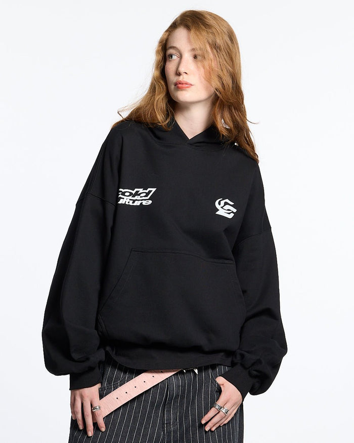 DRIVING MIRROR HOODIE BLACK - black graphic print hoodie, front view on female model - Cold Culture #woman