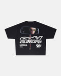 DRIVING MIRROR TEE BLACK - black graphic print tee, back view - Cold Culture