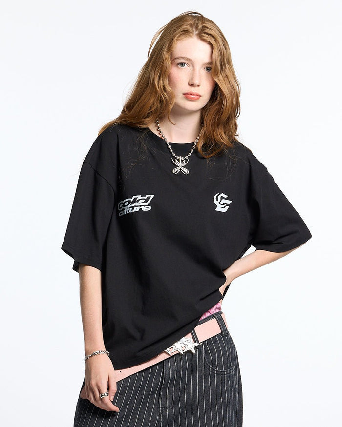 DRIVING MIRROR TEE BLACK - black graphic print tee, front view on female model - Cold Culture #woman