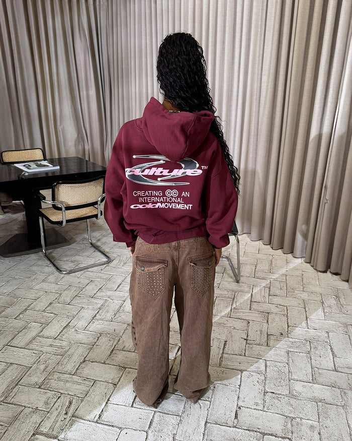 DYNAMIC HOODIE BURGUNDY - burgundy oversized hoodie, back view on female model - Cold Culture