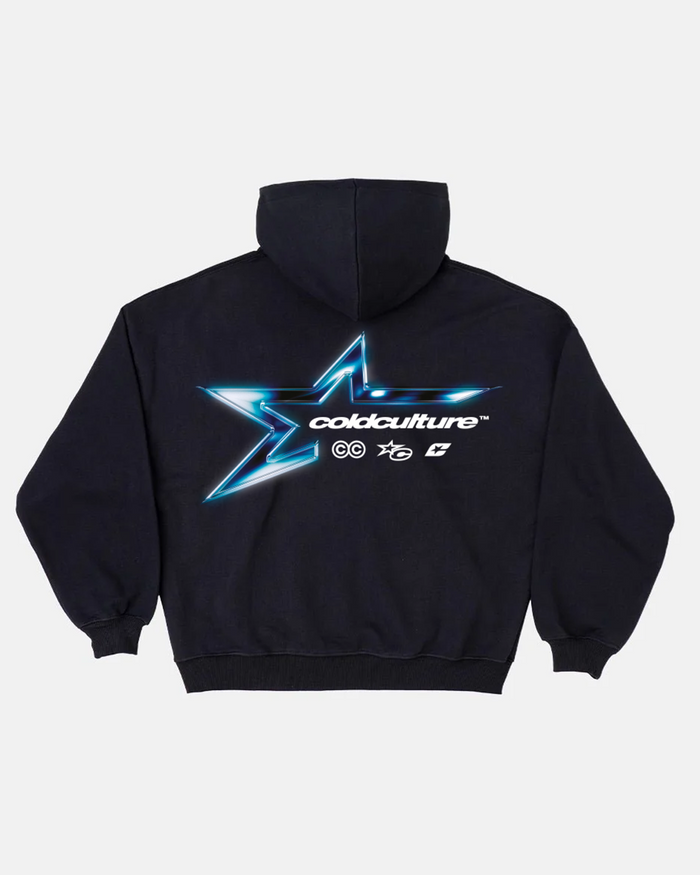 ELECTRIC SHINE HOODIE BLACK - black graphic print hoodie, back view - Cold Culture