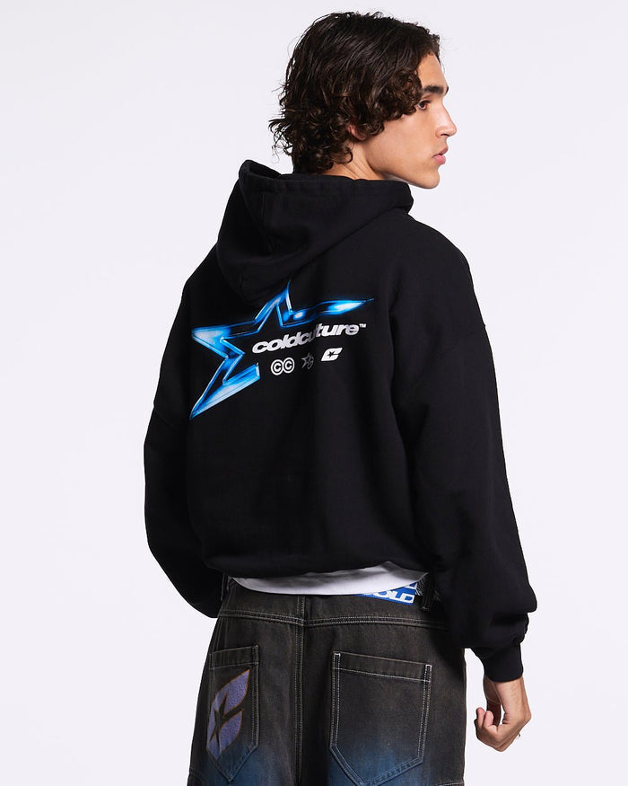 ELECTRIC SHINE HOODIE BLACK - black graphic print hoodie, back view on male model - Cold Culture #man