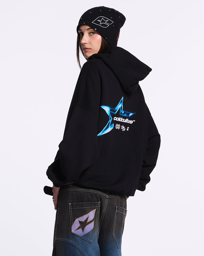 ELECTRIC SHINE HOODIE BLACK - black graphic print hoodie, back view on female model - Cold Culture #woman