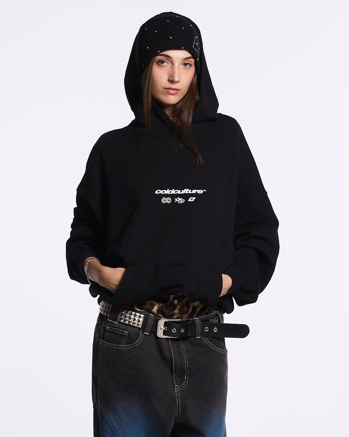 ELECTRIC SHINE HOODIE BLACK - black graphic print hoodie, front view on female model - Cold Culture #woman