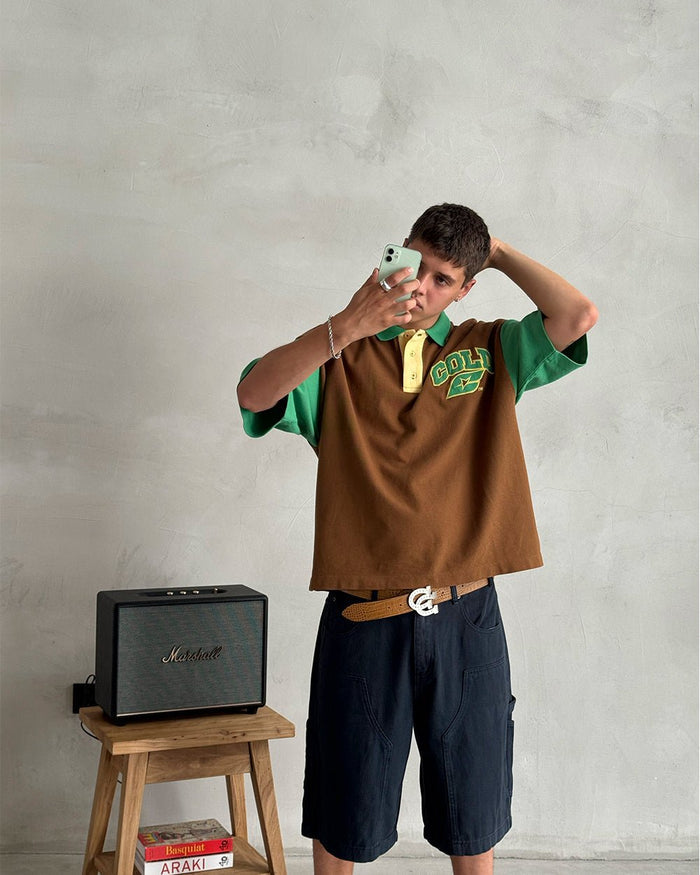 ELLIOT POLO BROWN - brown colorblock polo shirt, front view on male model - Cold Culture