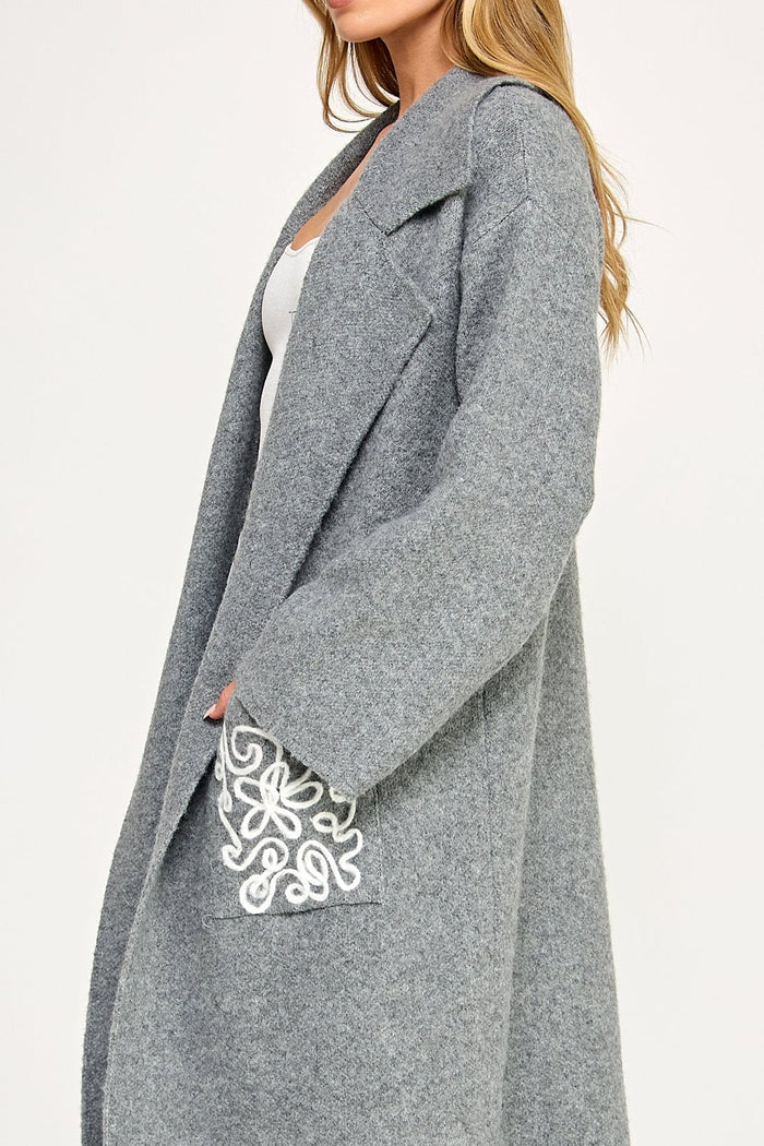 Embroidered Wool Blend Longline Coat Pocket Detail