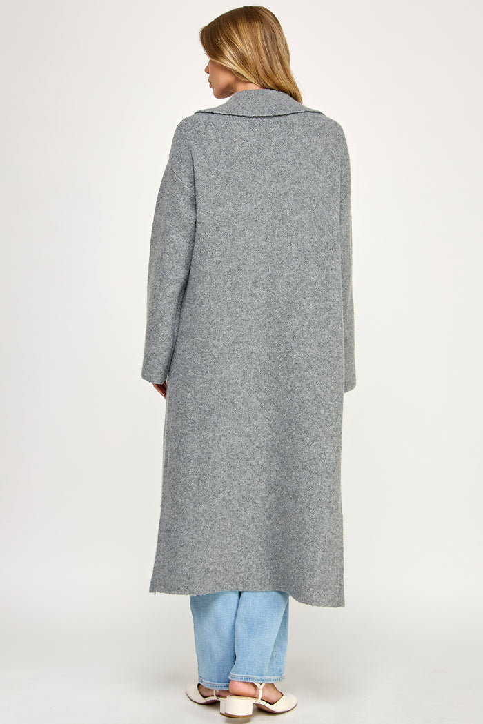 Embroidered Wool Blend Longline Coat Pocket Detail