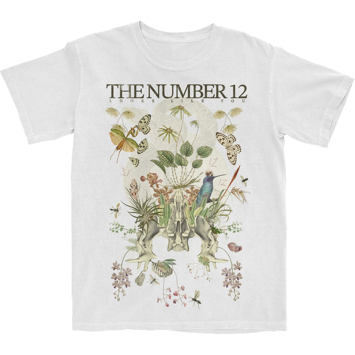 White relaxed-fit T-shirt by The #12 Looks Like You, made from 100% cotton, features the brand name above a nature collage with plants, butterflies, birds, and anatomical art in earthy tones.