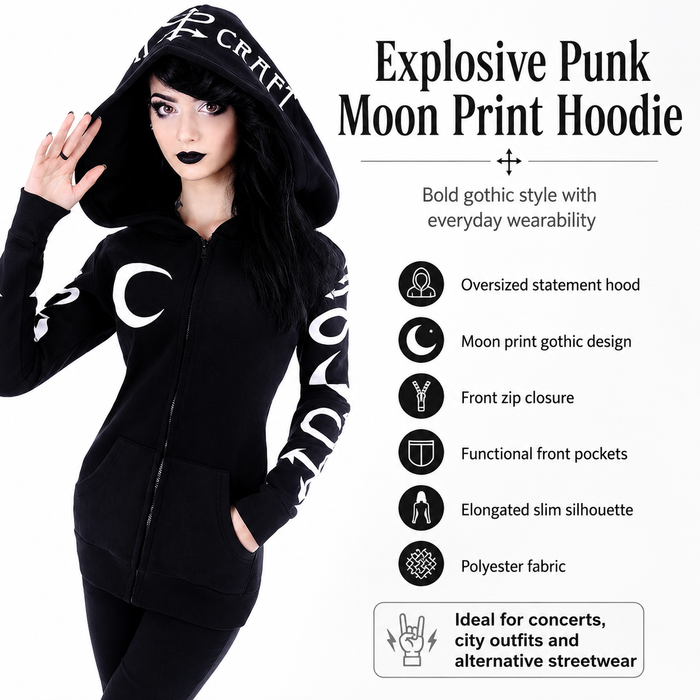 Women's moon print gothic zip hoodie with an oversized hood, bold moon lettering and front pockets for everyday punk styling.