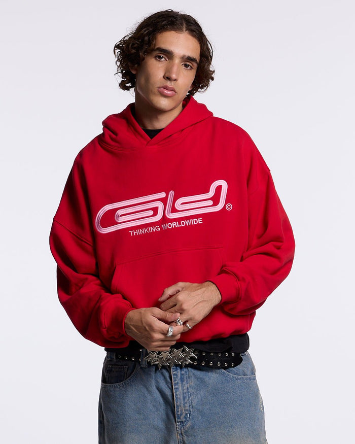 GRAFFITI HOODIE RED - red graphic print hoodie, front view on male model - Cold Culture #man