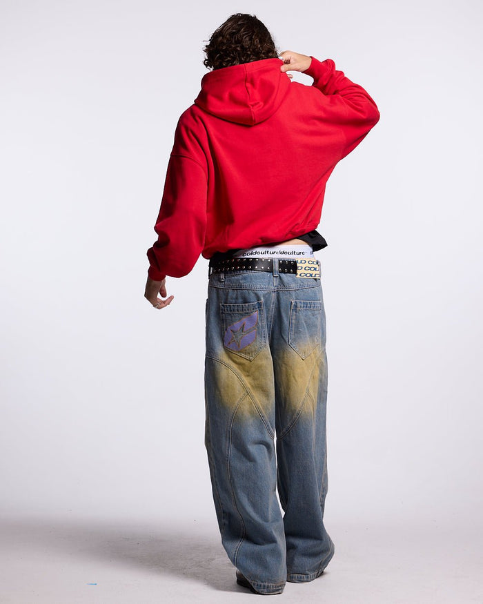 GRAFFITI HOODIE RED - red graphic print hoodie, back view on male model - Cold Culture #man