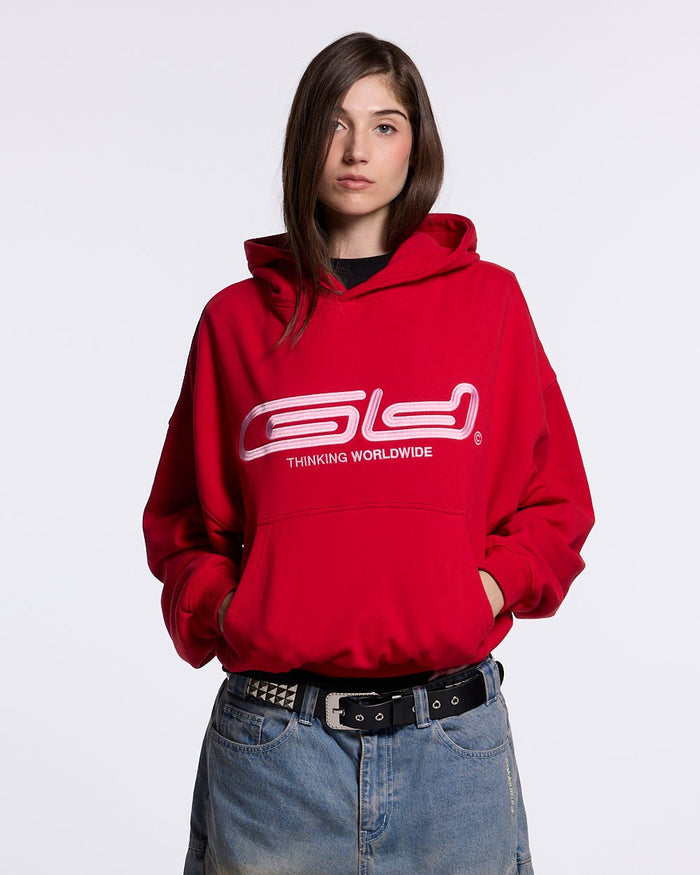 GRAFFITI HOODIE RED - red graphic print hoodie, front view on female model - Cold Culture #woman