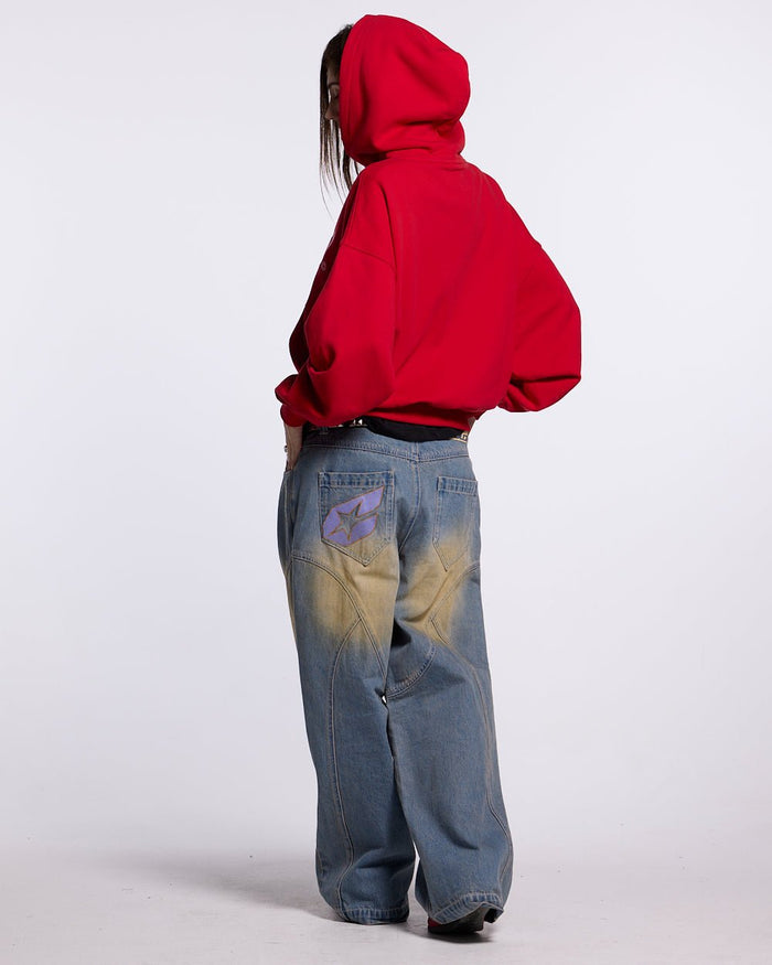 GRAFFITI HOODIE RED - red graphic print hoodie, back view on female model - Cold Culture #woman