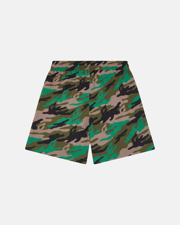 GREEN CAMO SWIM SHORT - green camo swim shorts, back view - Cold Culture