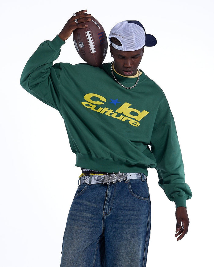 HARPER CREWNECK GREEN & YELLOW - green logo print crewneck sweatshirt, front view on male model - Cold Culture #man