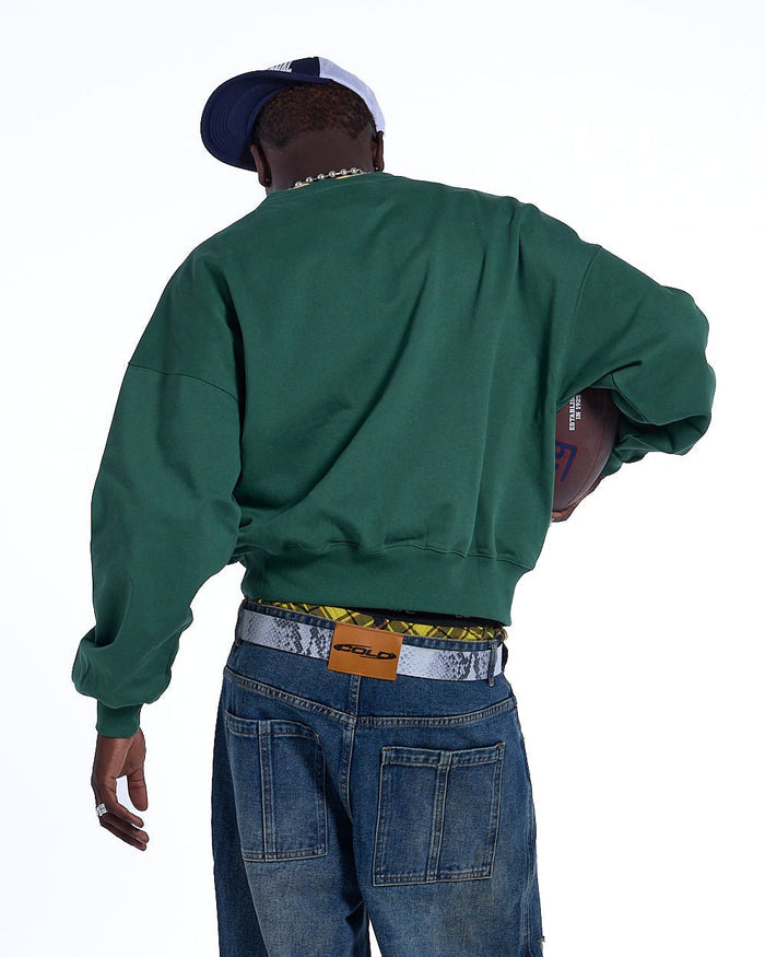 HARPER CREWNECK GREEN & YELLOW - green logo print crewneck sweatshirt, back view on male model - Cold Culture #man