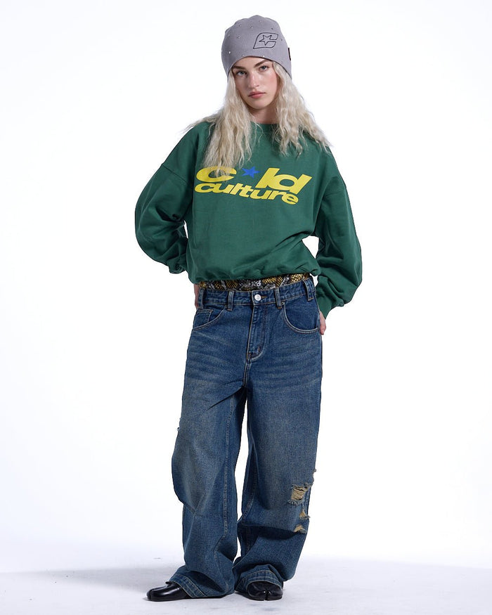HARPER CREWNECK GREEN & YELLOW - green logo print crewneck sweatshirt, front view on female model - Cold Culture #woman