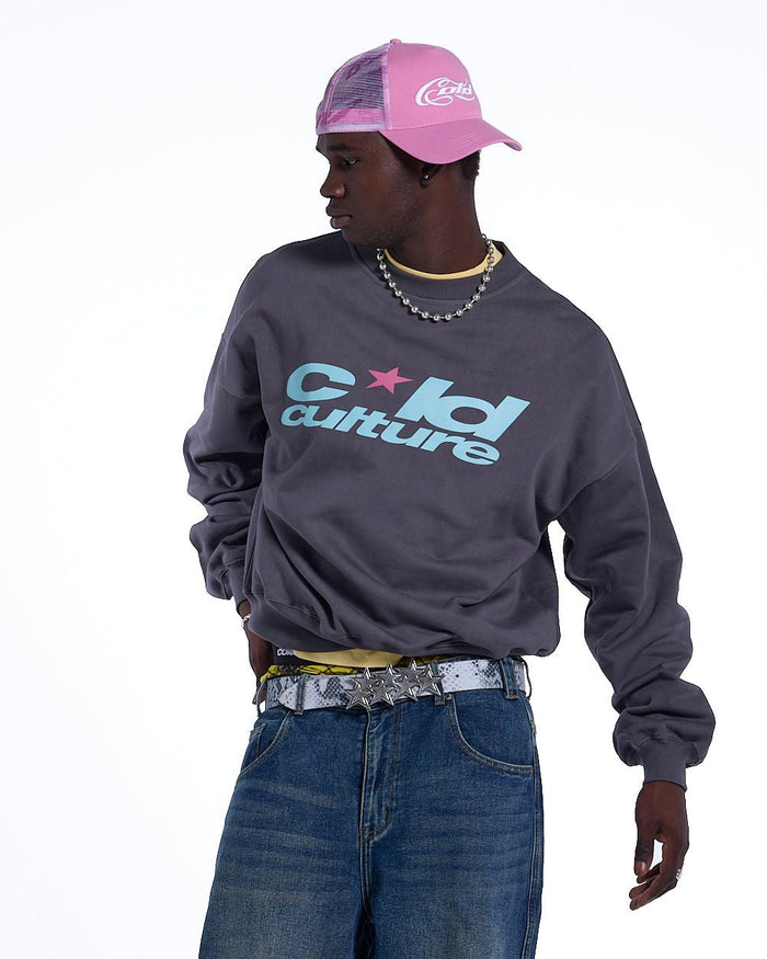 HARPER CREWNECK PURPLE AND BABY BLUE - purple logo print crewneck sweatshirt, front view on male model - Cold Culture #man