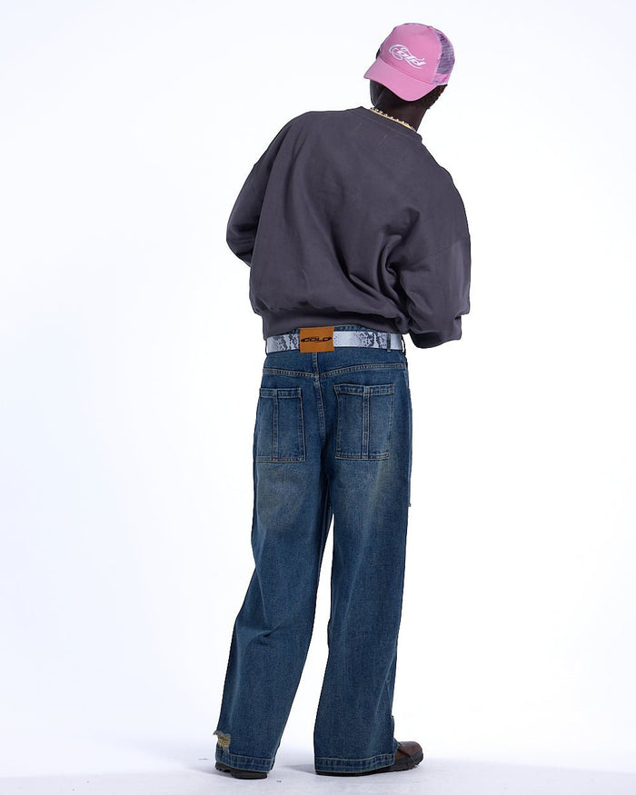 HARPER CREWNECK PURPLE AND BABY BLUE - purple logo print crewneck sweatshirt, back view on male model - Cold Culture #man