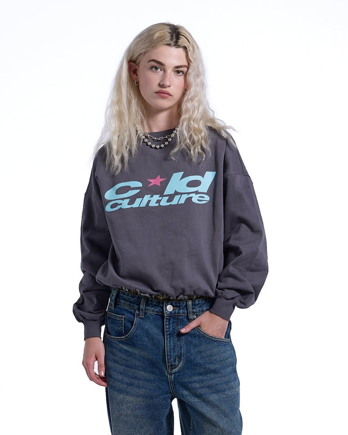HARPER CREWNECK PURPLE AND BABY BLUE - purple logo print crewneck sweatshirt, front view on female model - Cold Culture #woman