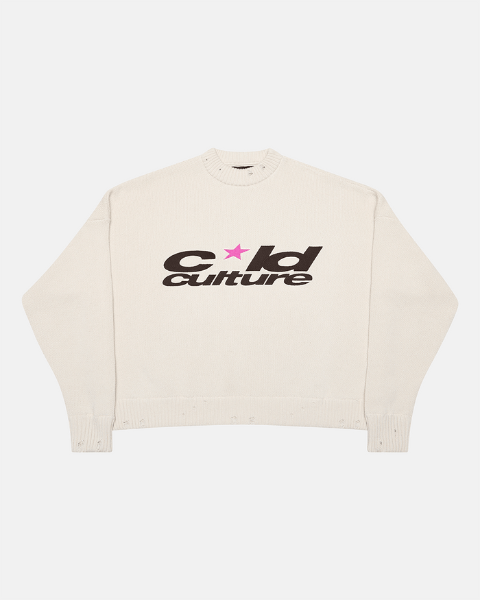HARPER KNIT BEIGE & BROWN - beige graphic print knit sweater, front view - Cold Culture