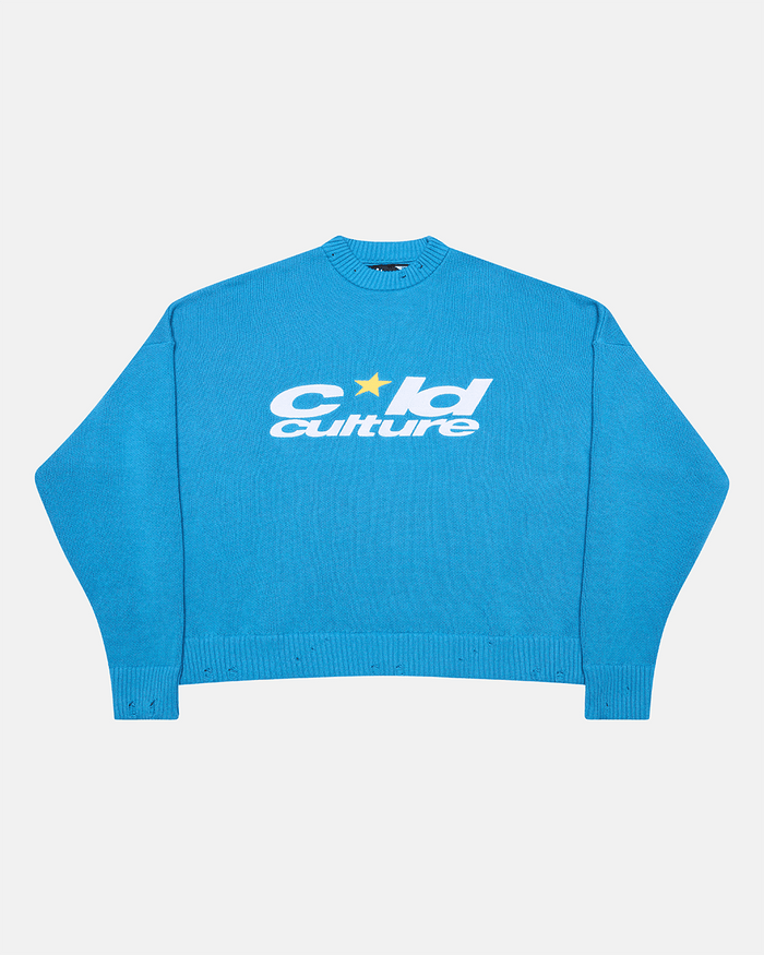 HARPER KNIT BLUE & WHITE - blue graphic print knit sweater, front view - Cold Culture