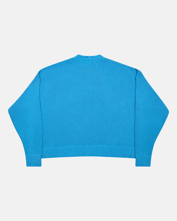 HARPER KNIT BLUE & WHITE - blue graphic print knit sweater, back view - Cold Culture