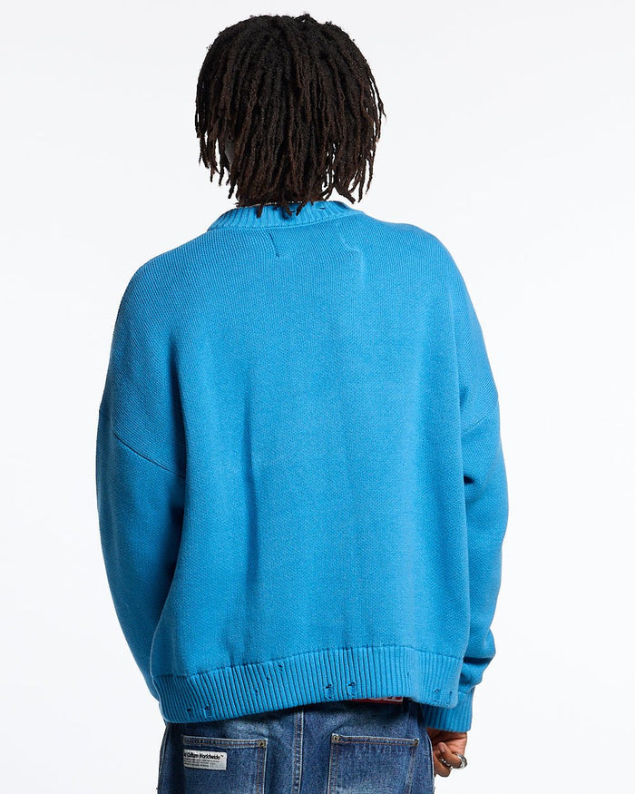 HARPER KNIT BLUE & WHITE - blue graphic print knit sweater, back view on male model - Cold Culture #man