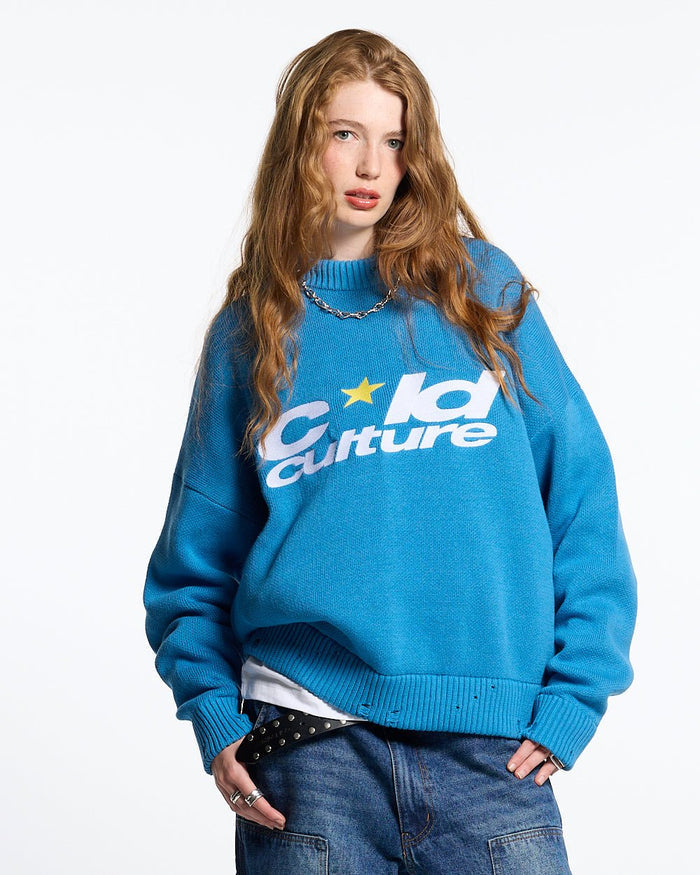 HARPER KNIT BLUE & WHITE - blue graphic print knit sweater, front view on female model - Cold Culture #woman
