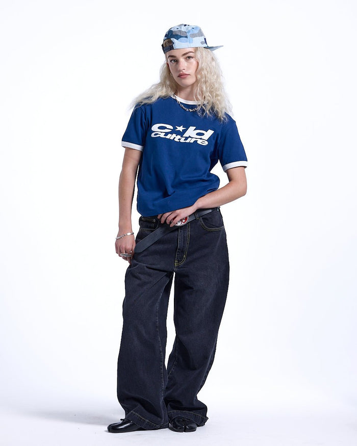 HARPER TEE DARK BLUE AND WHITE - blue and white ringer tee, front view on female model - Cold Culture #woman