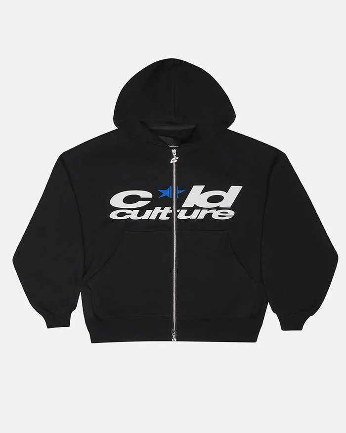 HARPER ZIP HOODIE BLACK - black graphic zip-up hoodie, front view - Cold Culture