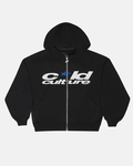 HARPER ZIP HOODIE BLACK - black graphic zip-up hoodie, front view - Cold Culture