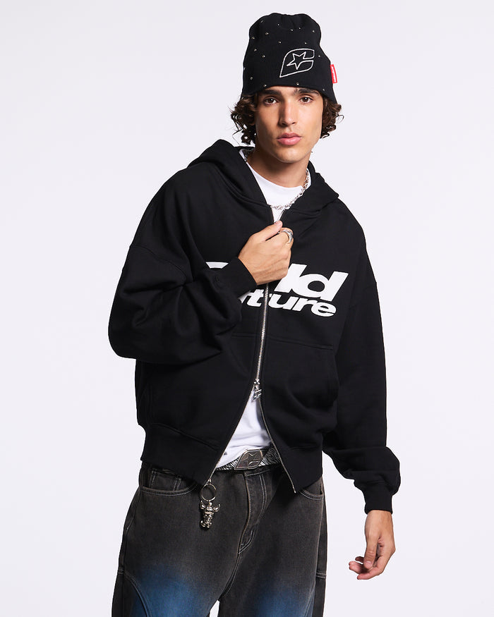 HARPER ZIP HOODIE BLACK - black graphic zip-up hoodie, front view on male model - Cold Culture #man