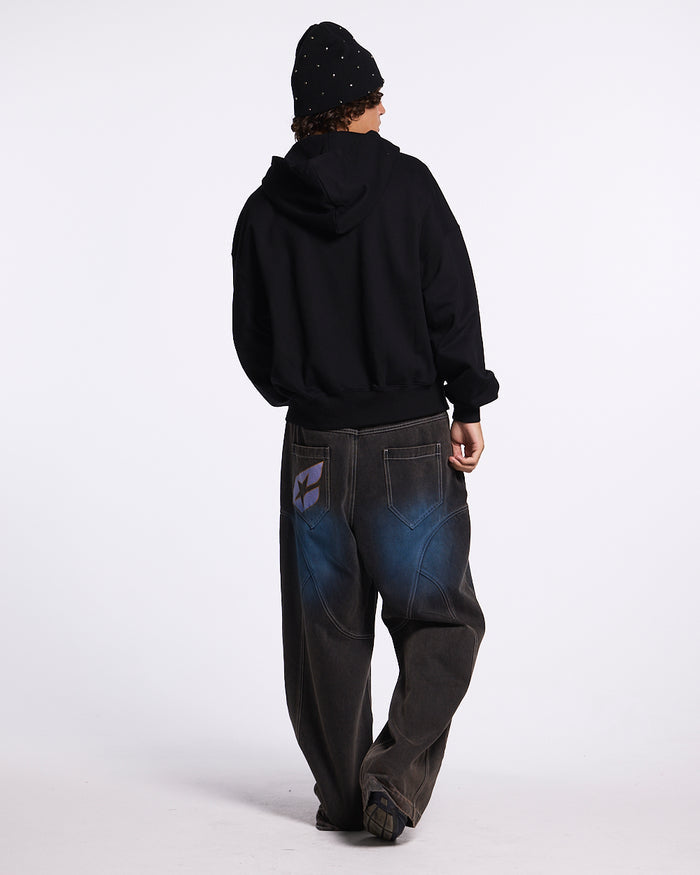 HARPER ZIP HOODIE BLACK - black graphic zip-up hoodie, back view on male model - Cold Culture #man