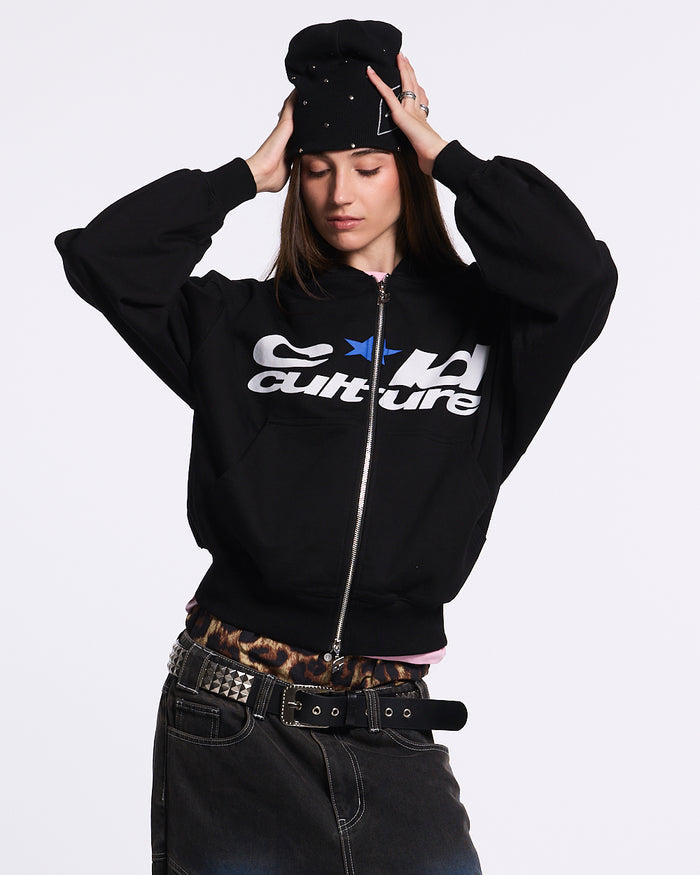 HARPER ZIP HOODIE BLACK - black graphic zip-up hoodie, front view on female model - Cold Culture #woman