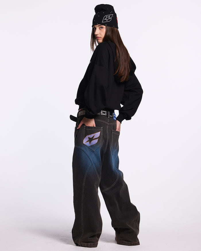 HARPER ZIP HOODIE BLACK - black graphic zip-up hoodie, back view on female model - Cold Culture #woman