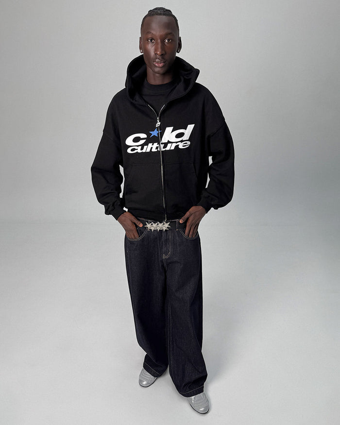 HARPER ZIP HOODIE BLACK - black graphic zip-up hoodie, front view on male model - Cold Culture