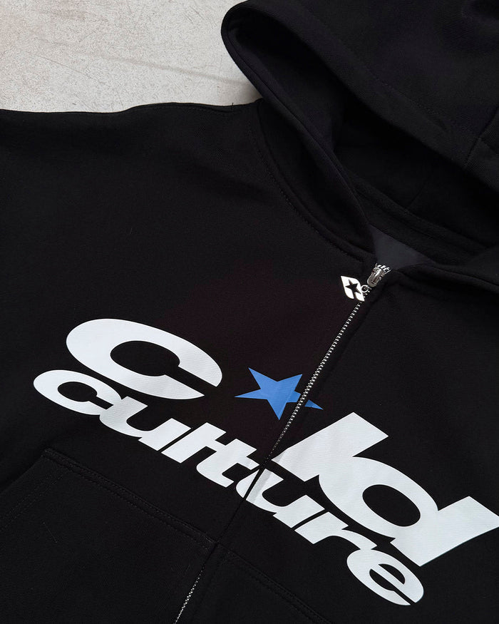 HARPER ZIP HOODIE BLACK - black graphic zip-up hoodie, detail close-up - Cold Culture