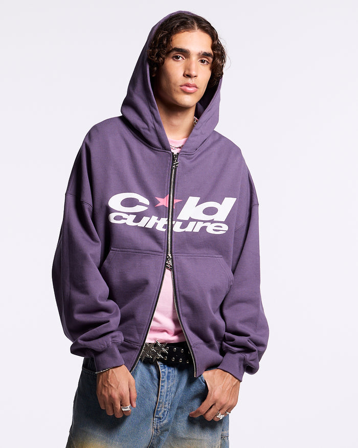 HARPER ZIP HOODIE PURPLE - purple graphic zip-up hoodie, front view on male model - Cold Culture #man