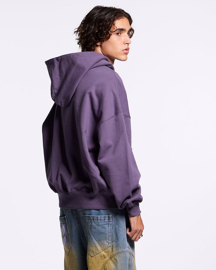 HARPER ZIP HOODIE PURPLE - purple graphic zip-up hoodie, back view on male model - Cold Culture #man