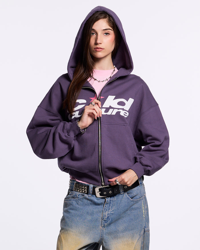 HARPER ZIP HOODIE PURPLE - purple graphic zip-up hoodie, front view on female model - Cold Culture #woman