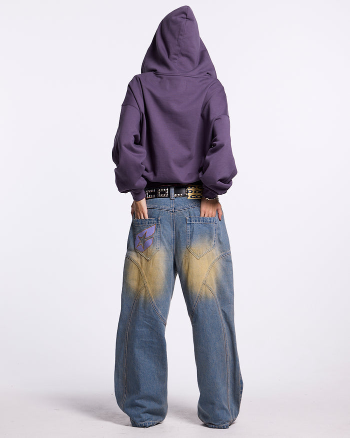 HARPER ZIP HOODIE PURPLE - purple graphic zip-up hoodie, back view on female model - Cold Culture #woman