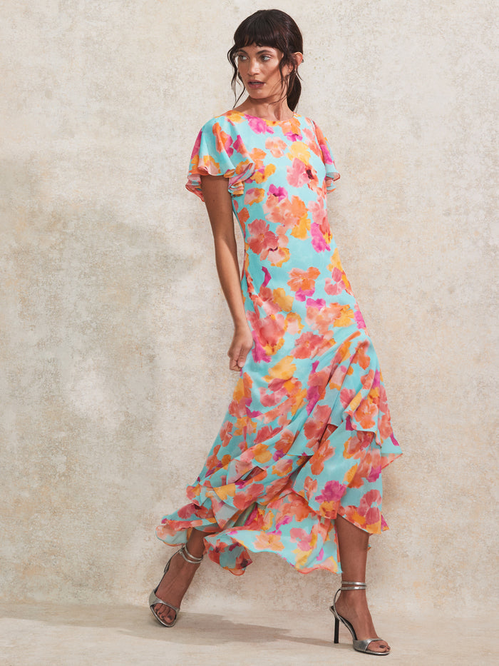 Hazel Blue And Pink Floral-Print Frill-Sleeve Dress