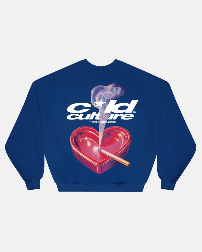 HEART ASHTRAY CREWNECK DARK BLUE - dark blue graphic print crewneck sweatshirt, back view - Cold Culture