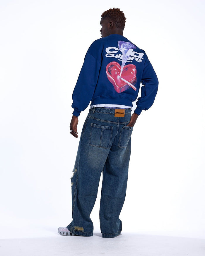 HEART ASHTRAY CREWNECK DARK BLUE - dark blue graphic print crewneck sweatshirt, back view on male model - Cold Culture #man