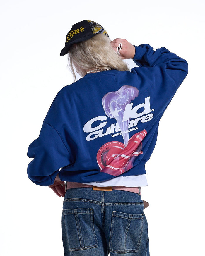 HEART ASHTRAY CREWNECK DARK BLUE - dark blue graphic print crewneck sweatshirt, back view on female model - Cold Culture #woman
