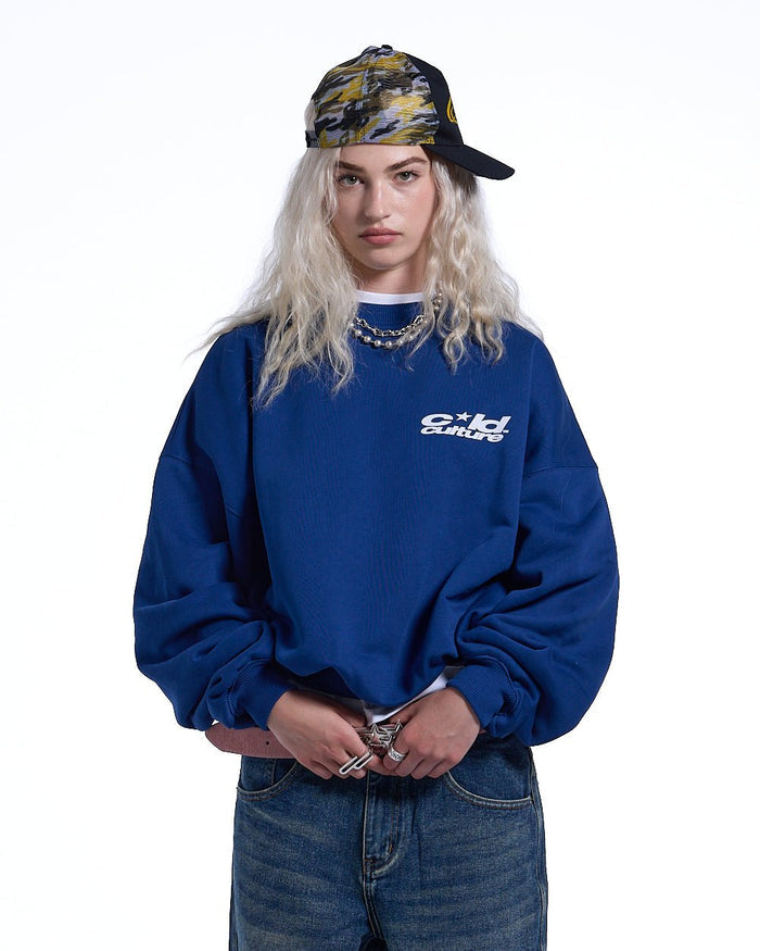 HEART ASHTRAY CREWNECK DARK BLUE - dark blue graphic print crewneck sweatshirt, front view on female model - Cold Culture #woman