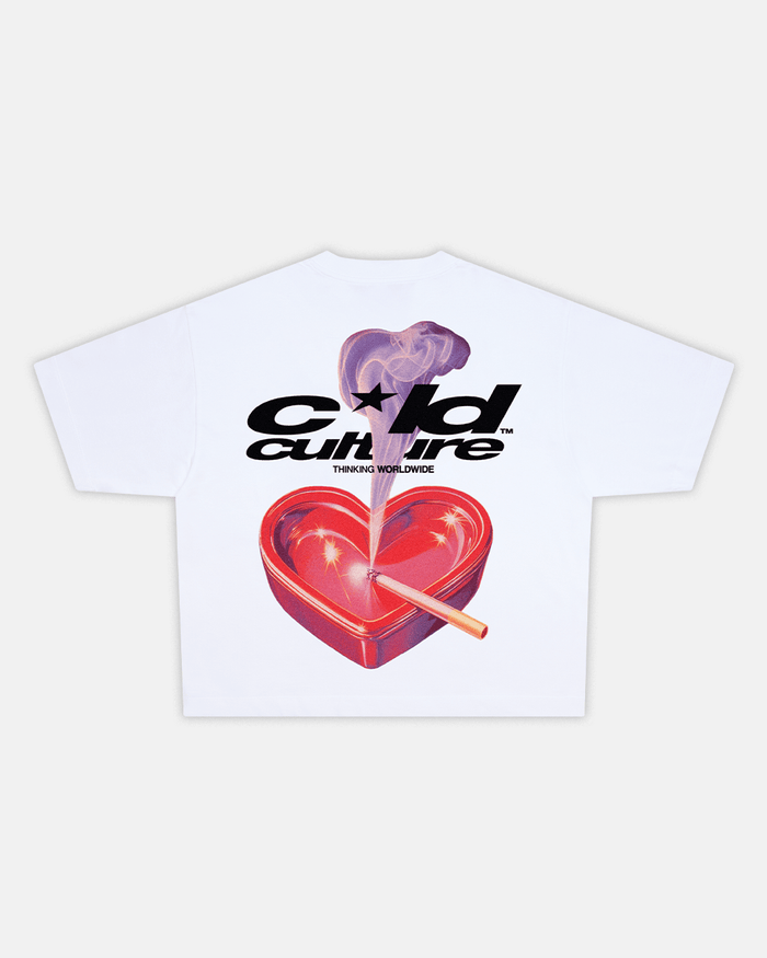 HEART ASHTRAY TEE WHITE - white graphic print tee, back view - Cold Culture