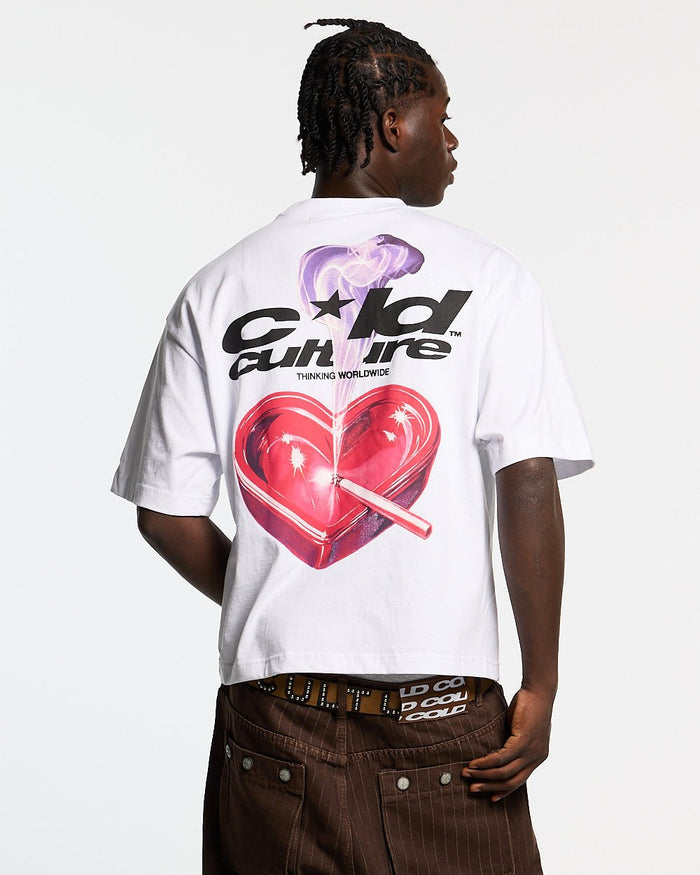 HEART ASHTRAY TEE WHITE - white graphic print tee, back view on male model - Cold Culture #man