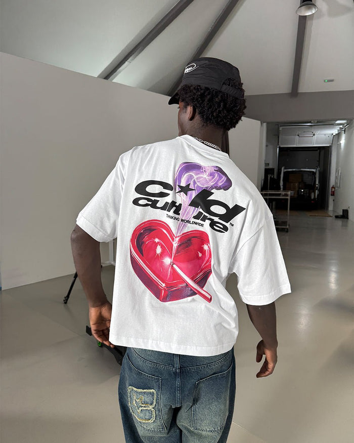 HEART ASHTRAY TEE WHITE - white graphic print tee, back view on male model - Cold Culture